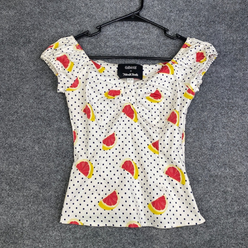 Collectif x ModCloth Grapefruit Polka Dot Top White Retro Cap Sleeve Small